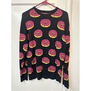 Forever 21 Men Black Sweater with Pink and Yellow Donut Design, dopamine vibe